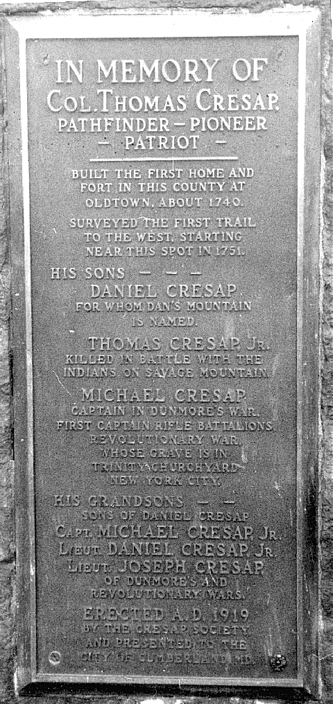 A memorial to Colonel Cresap in Cumberland, Maryland, also features interesting details regarding the lives of his sons and grandsons.  Photo by Donald Goodwin.
