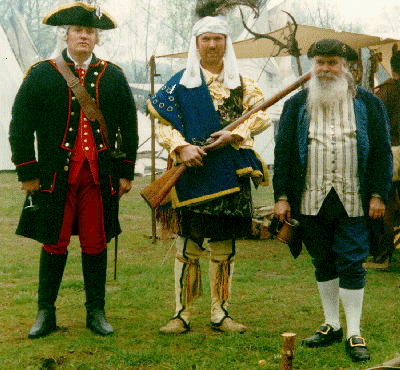 Texas City (Belgium), Easter 1995: White Wolf, Seneca warrior, flanked by French Marquis Mark Marie Martin de Sans Careaux, Vicomte de Villers, Seigneur de Marbais (yes, his full name is quite a mouthful. . . ) and his faithful servant, Remy.