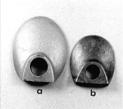 Fig. 3) The RPL cock top jaw (a) is much wider than that of the lock being replaced (b).