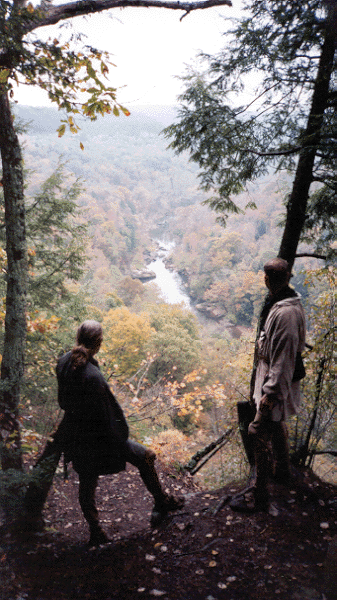 Henry Behr and Gordon Smith stand high above a rocky outcropping overlooking the Red River in the
Daniel Boone National Forest of Kentucky.<br> Photo: John Curry